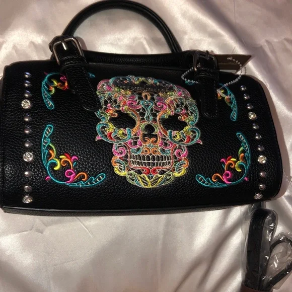 Montana West Black Faux Leather Embroidered Sugar Skull Satchel Crossbody NWT - Picture 13 of 16